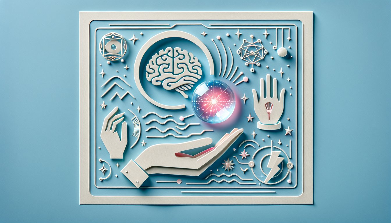 Paper art on sky blue background shows mystical figures with symbols suggesting telepathy, future seeing and special powers