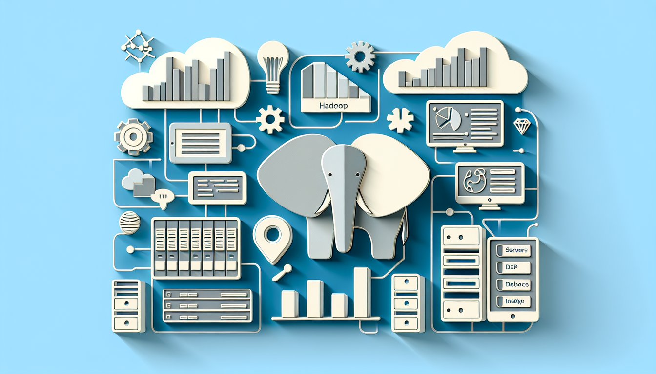 Paper art illustration for a Big Data Analytics skills quiz featuring Hadoop questions on a sky blue background.