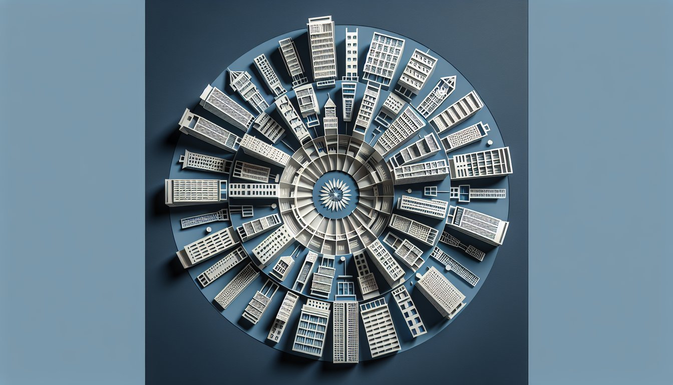 Paper art radial layers forming architecture design on dark blue background for design principles quiz