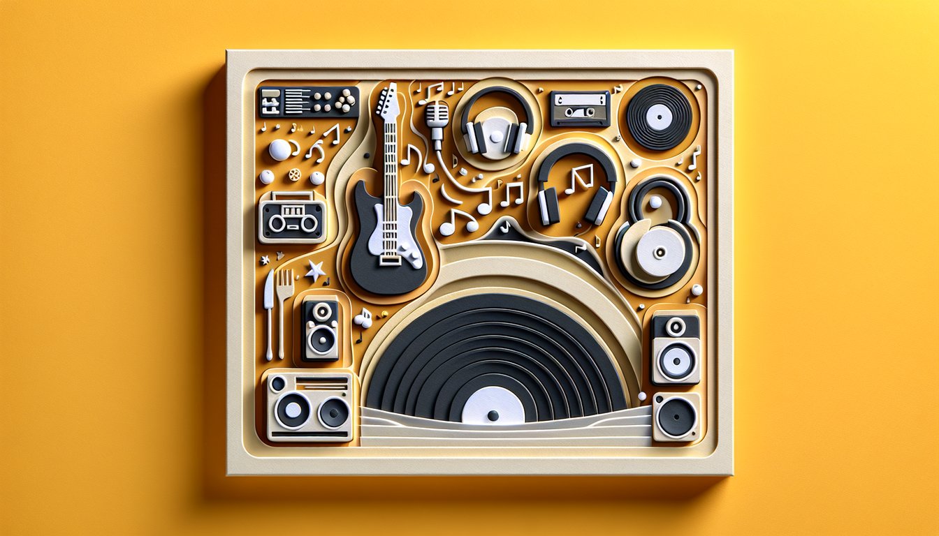 Paper art collage of headphones records music notes on golden yellow background for free music genre quiz