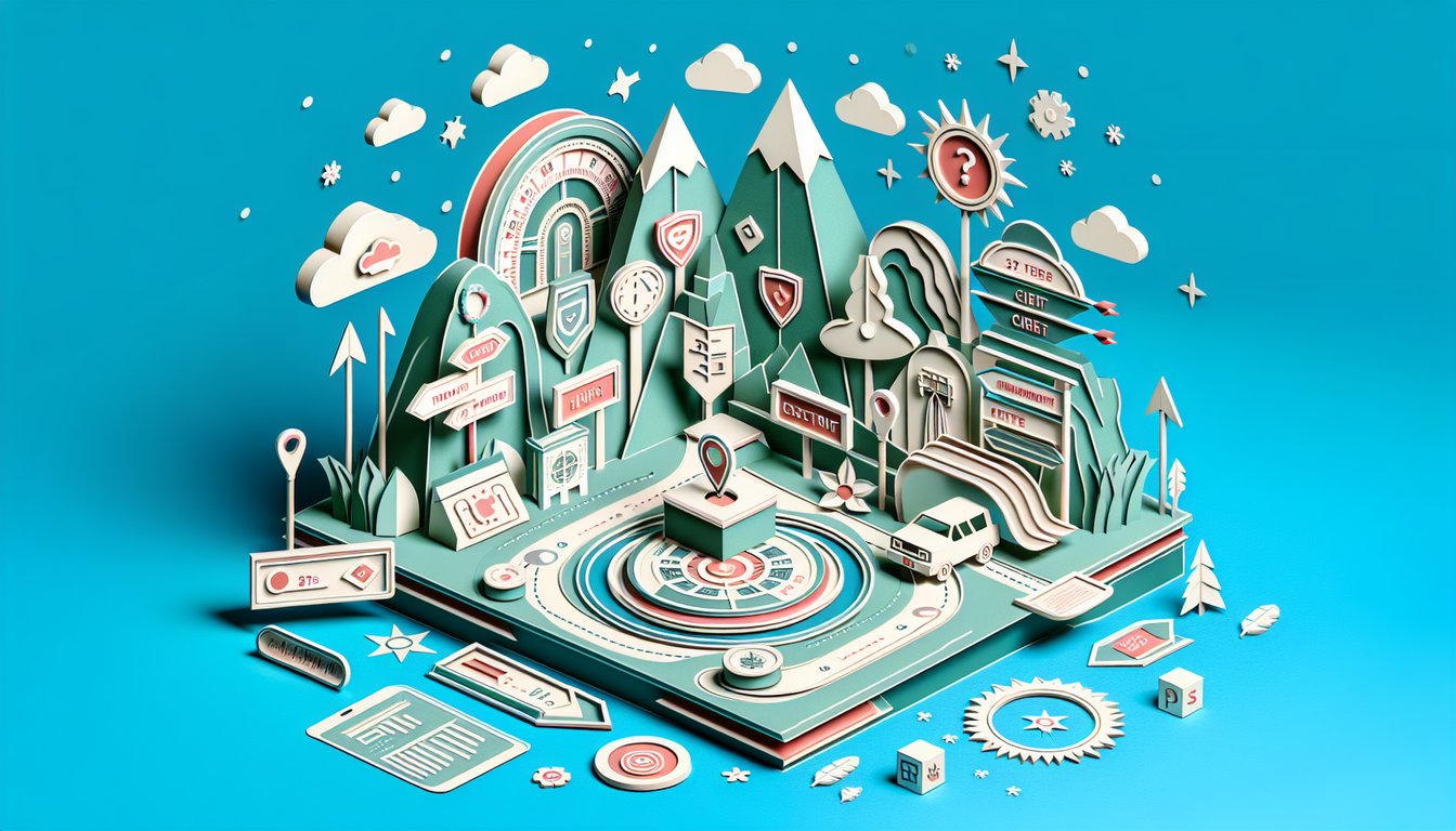 Paper art illustration on teal background for quiz featuring Hunger Games district symbols to test personality and find home