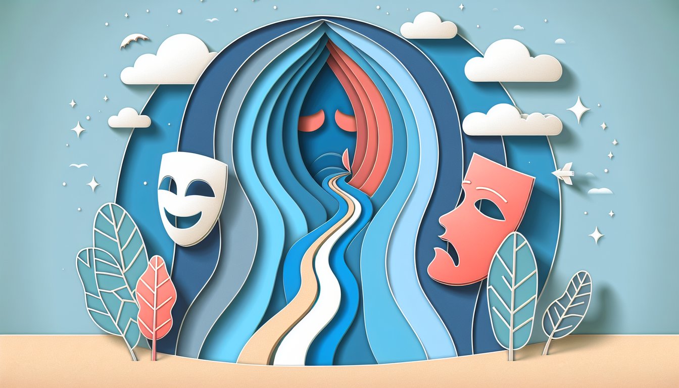 Two layered paper cut faces facing opposite directions on sky blue background representing split personality quiz
