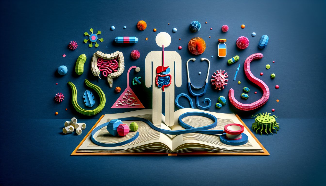 Colorful paper art promoting a trivia quiz on understanding diarrhea for biology students.