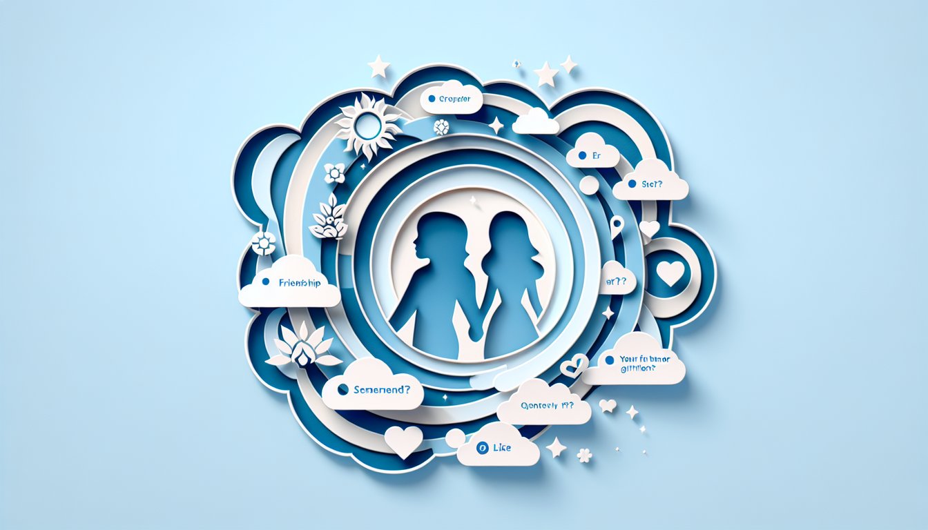 Paper art hearts, chat bubbles and question marks on sky blue background, inviting users to take a future girlfriend quiz.