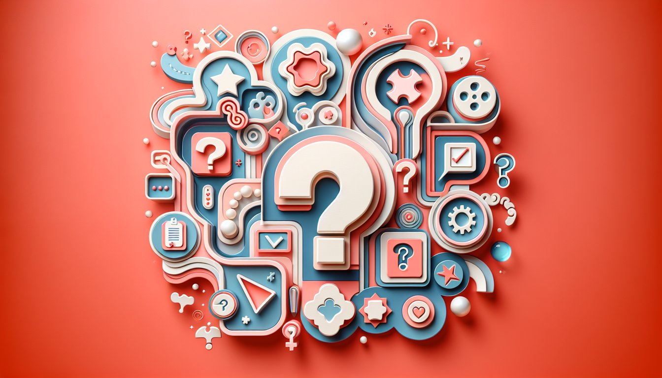 Paper art illustration of quiz elements including laptop screen timer and score icons on coral background