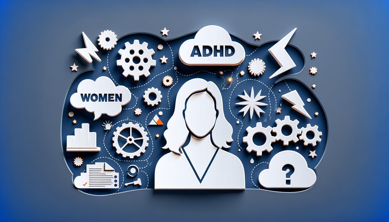 Paper art illustration of women profiles brains puzzle pieces on dark blue background for ADHD in women quiz.