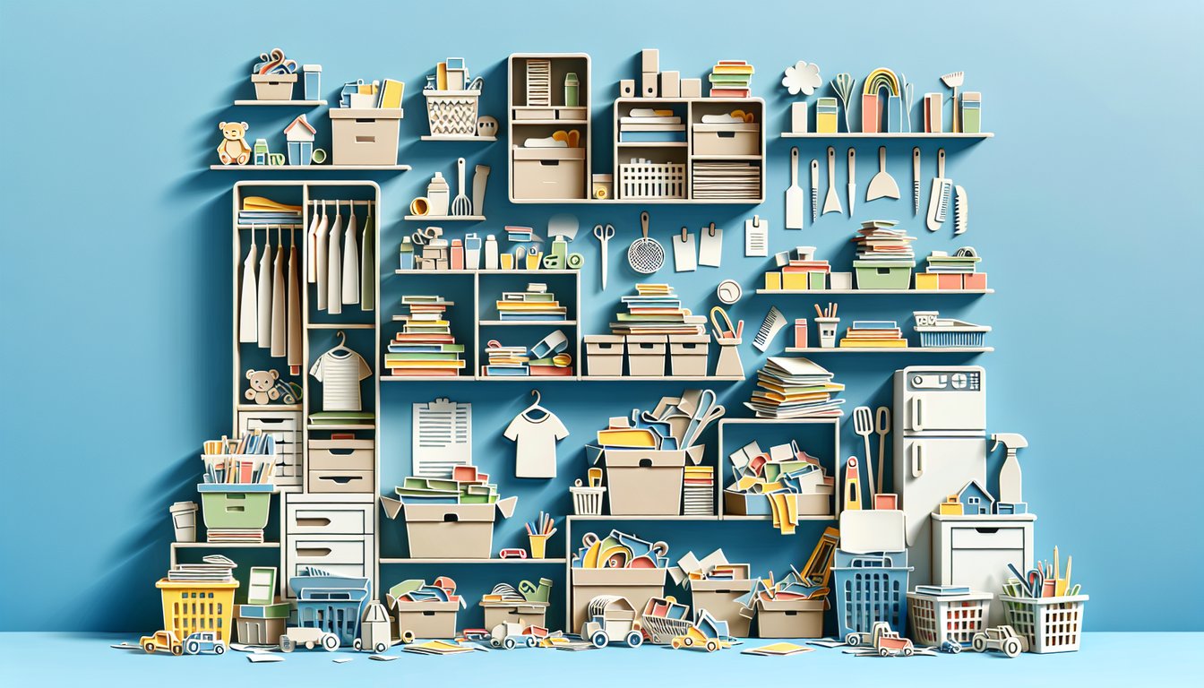 Paper art illustration for clutterbug quiz with tips to transform your space on sky blue background