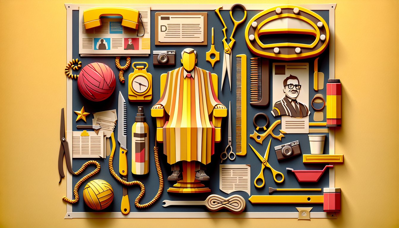 Paper art quiz illustration for Dont Mess With The Zohan with scissors comb and film strip on golden yellow background.