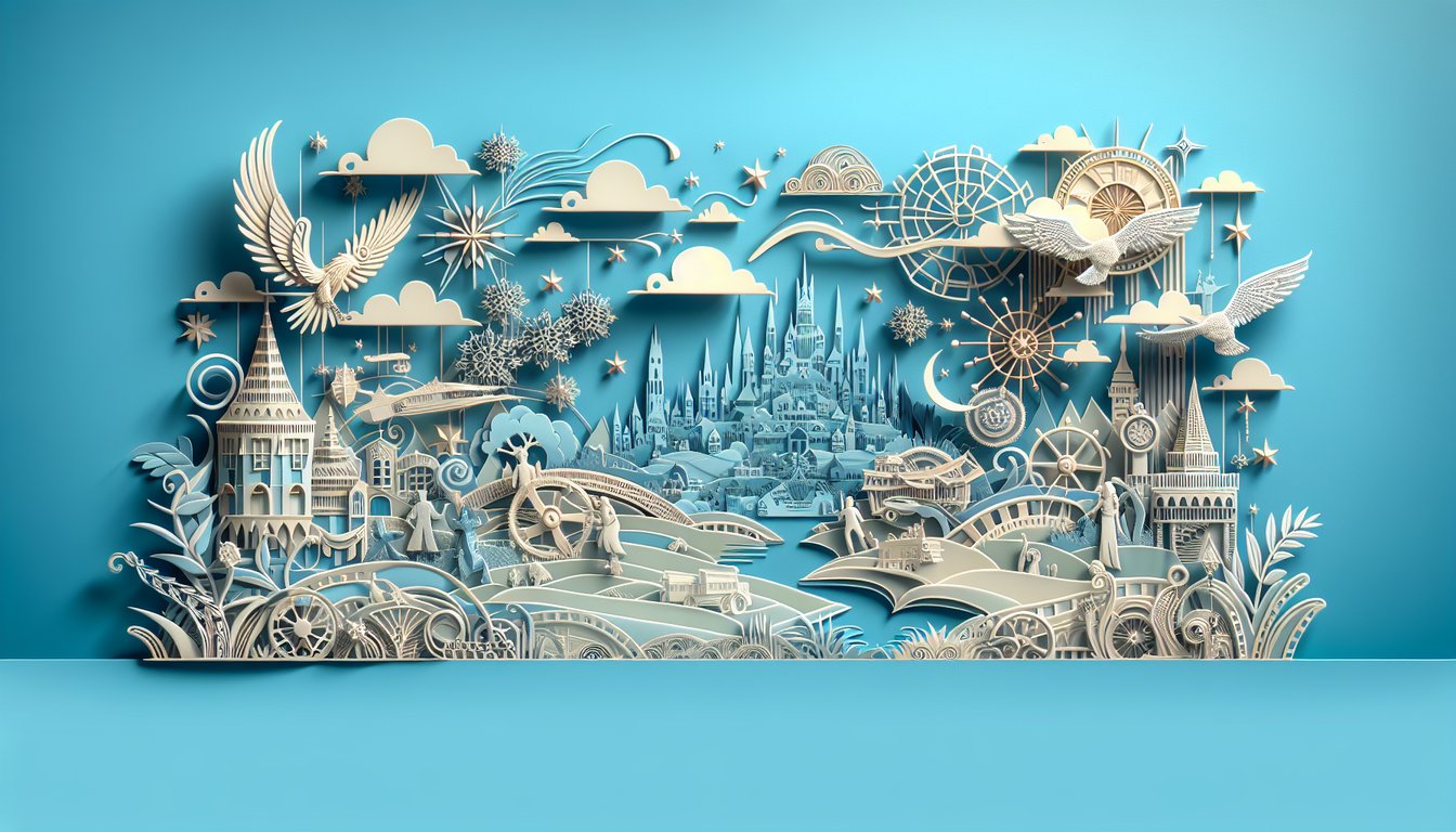 Paper art illustration for Harry Potter movie trivia quiz on sky blue background