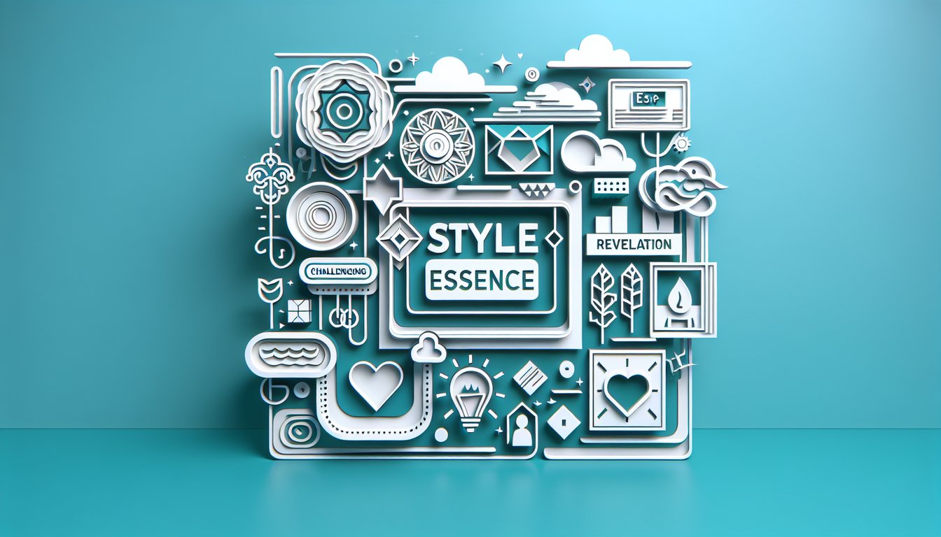 Paper art illustration with fashion motifs and layered shapes on teal background promoting free Kitchener essence style quiz