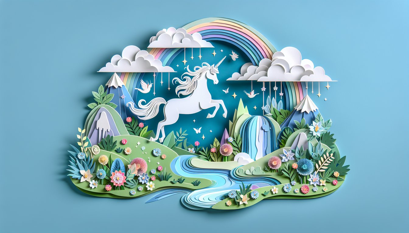 Paper art unicorn on sky blue background, free unicorn trivia quiz invites magical lore fans to test knowledge and gallop.