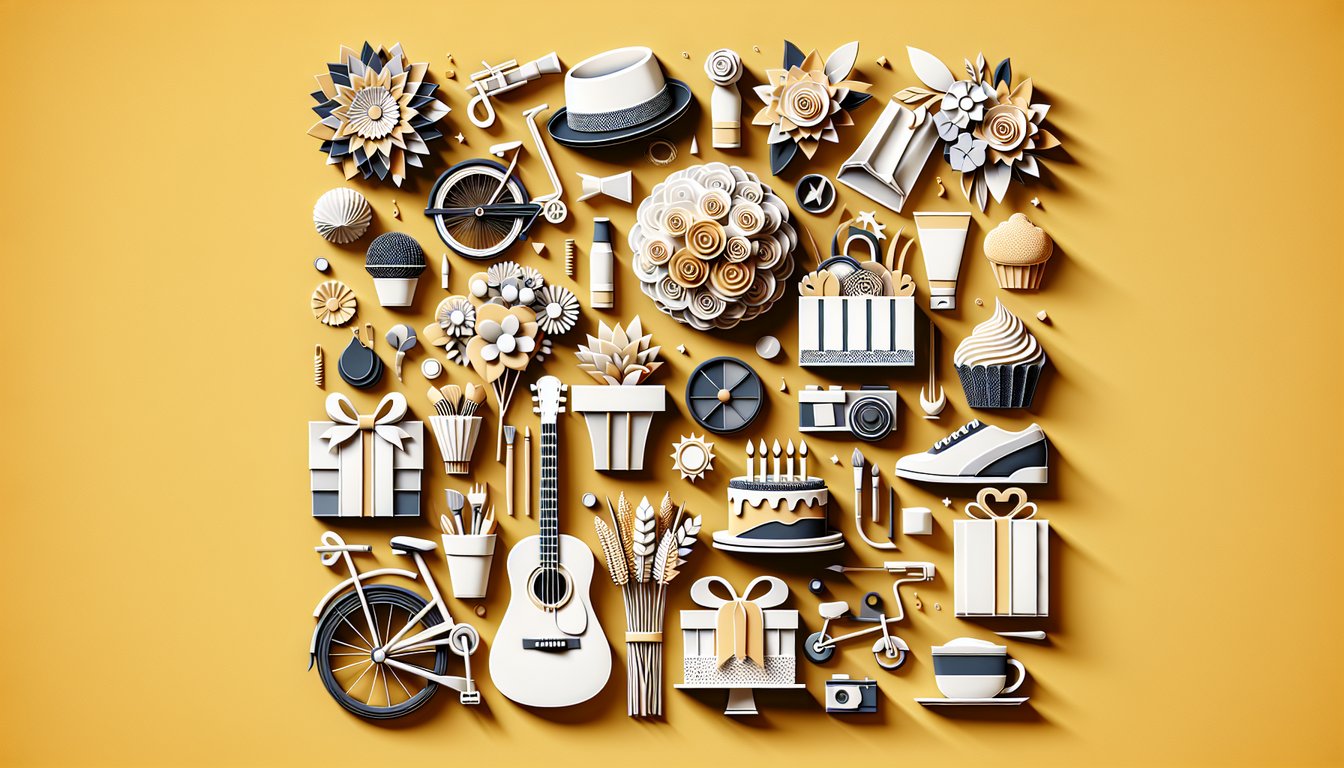 Paper art illustration for a birthday gift personality quiz on a golden yellow background