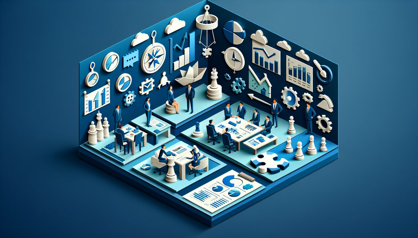 Illustration of a business management quiz concept on a dark blue background