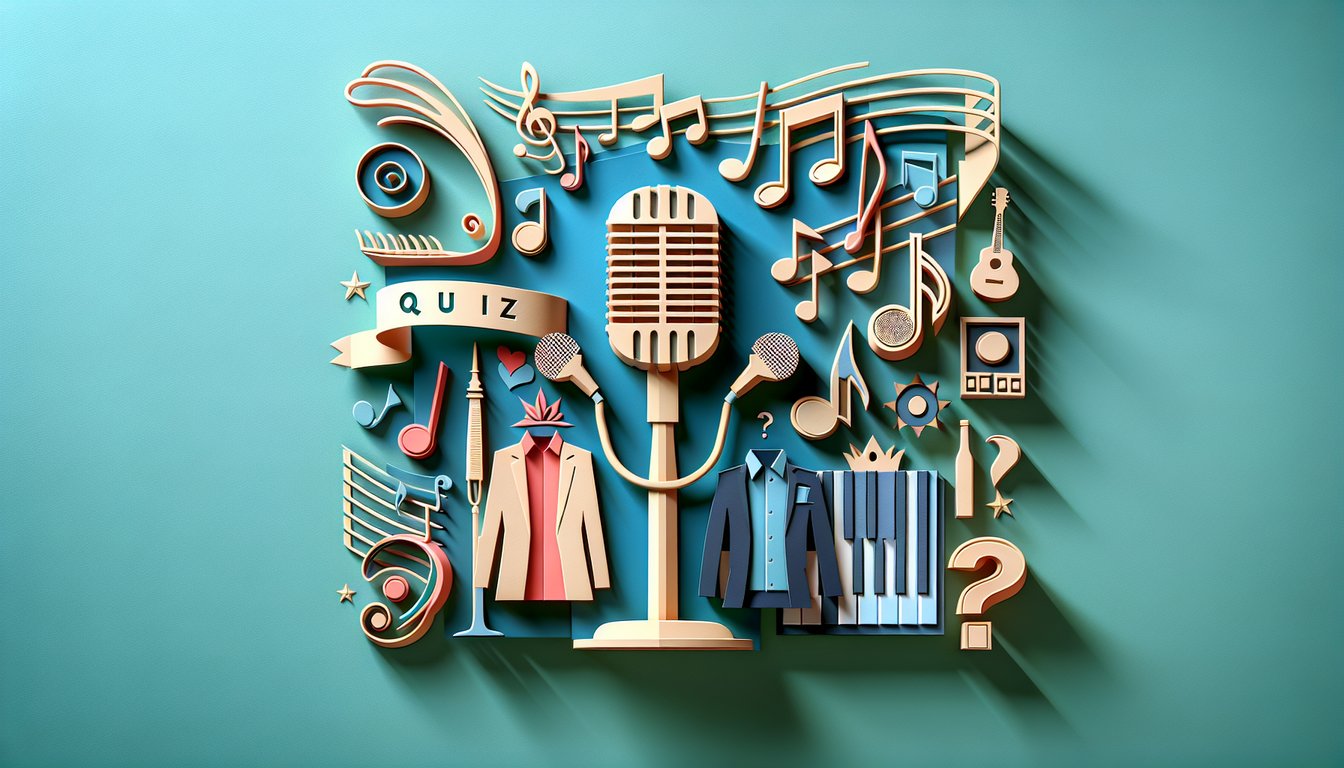 Paper art illustration for singer style matching quiz on teal background