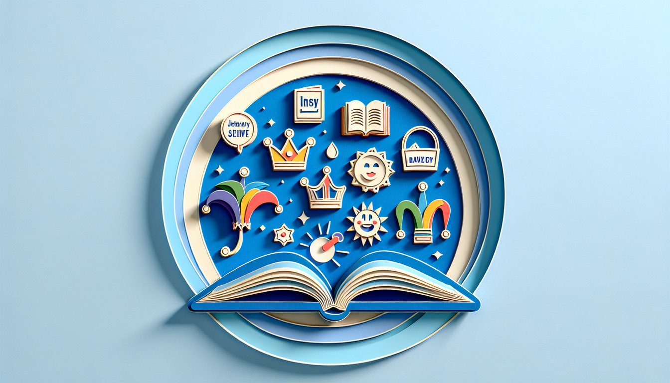 Paper art candy characters with lollipop cupcake and ice cream faces float around quiz title on sky blue background.