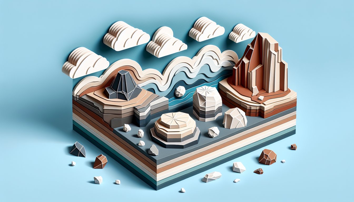 Paper art illustration for rock identification quiz on a sky blue background