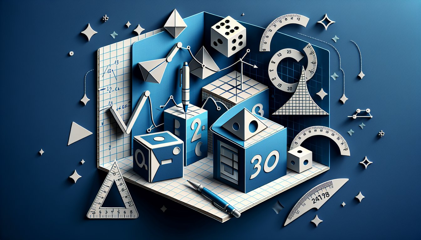 Paper cutout quiz graphic about slope intercept form featuring graph lines formulas on dark blue background.