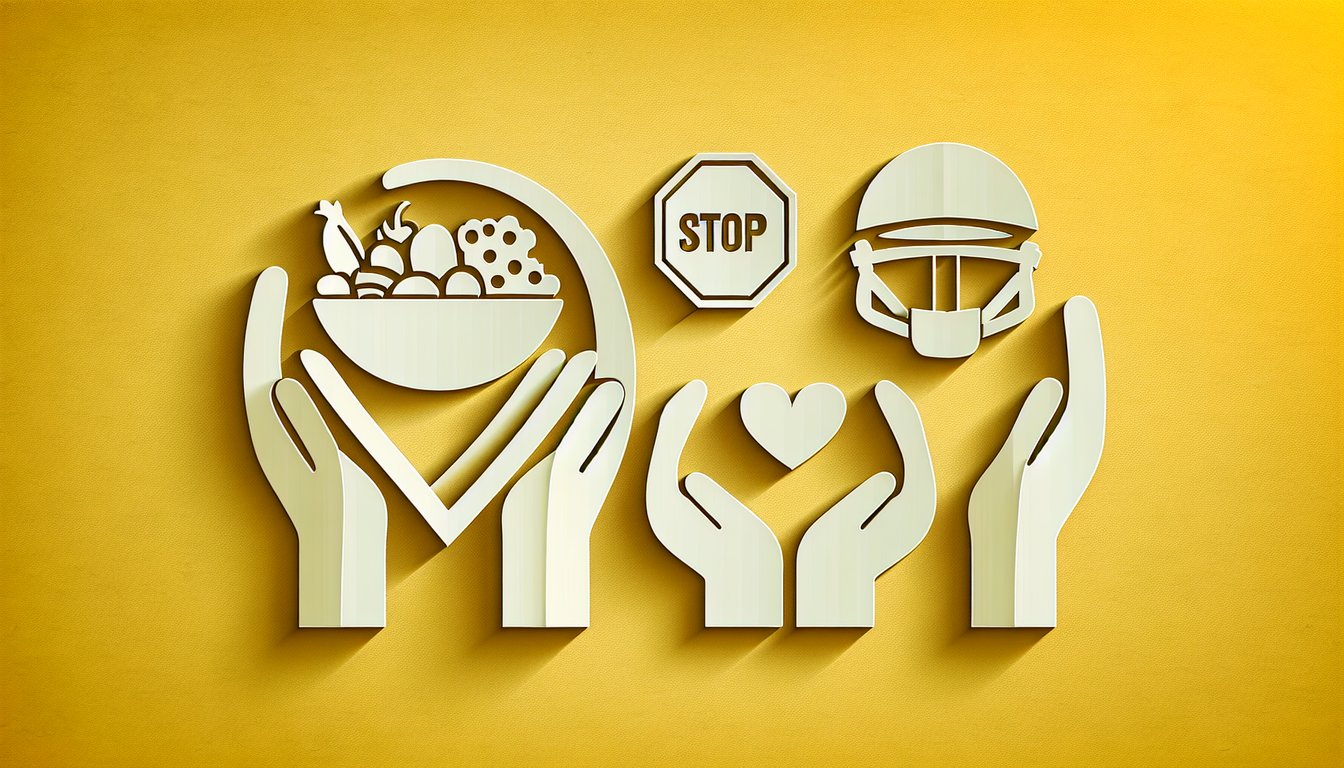 Paper art shows child with apple first aid kit and heart icons for nutrition safety emotional support on golden background