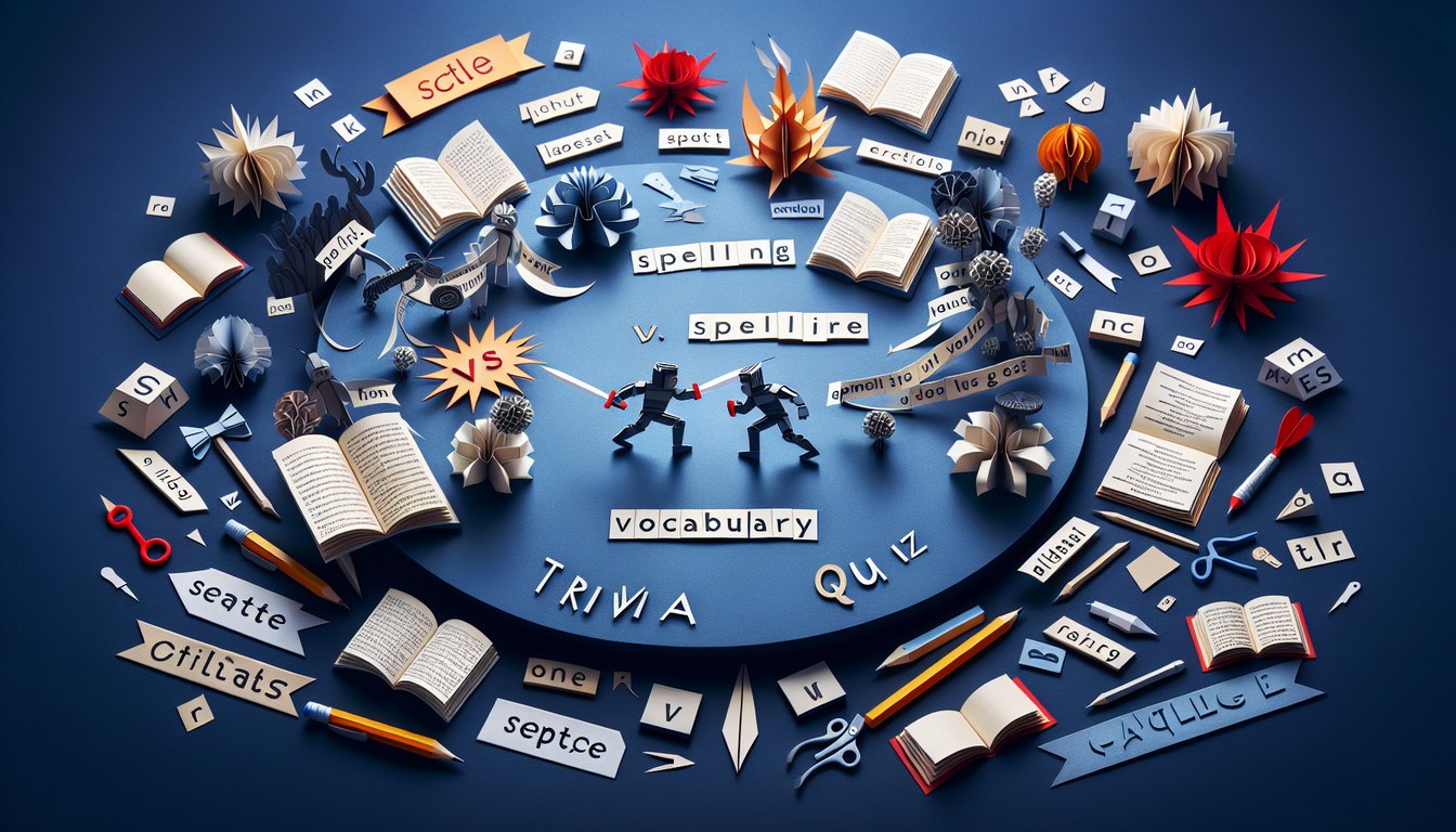 Paper art promoting Red Spell Showdown, a middle-grade English language arts quiz.