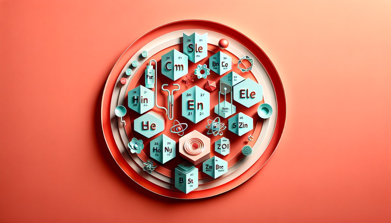 Paper art illustration for a quiz about elements 21-30 on a coral background