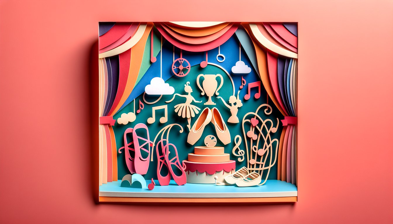 Paper art illustration for Dance Moms trivia quiz on a coral background.
