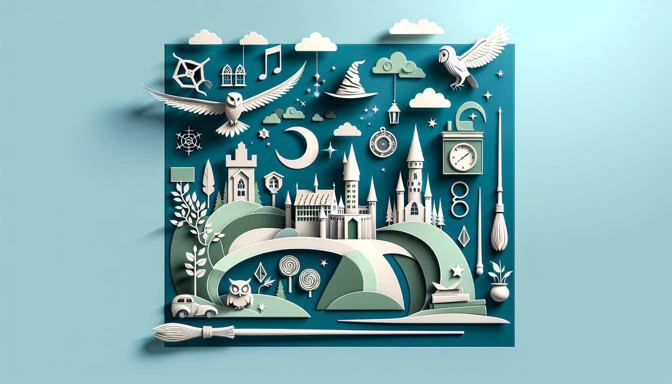Paper art illustration with wizard hat magic wand open book for free Harry Potter quiz on teal background