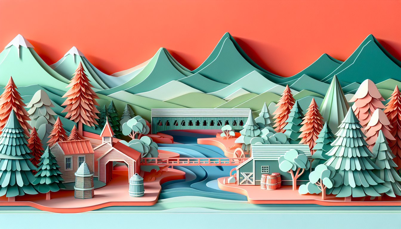 Paper art Vermont scene with Green Mountain hills covered bridge maple tree quiz motifs on coral background