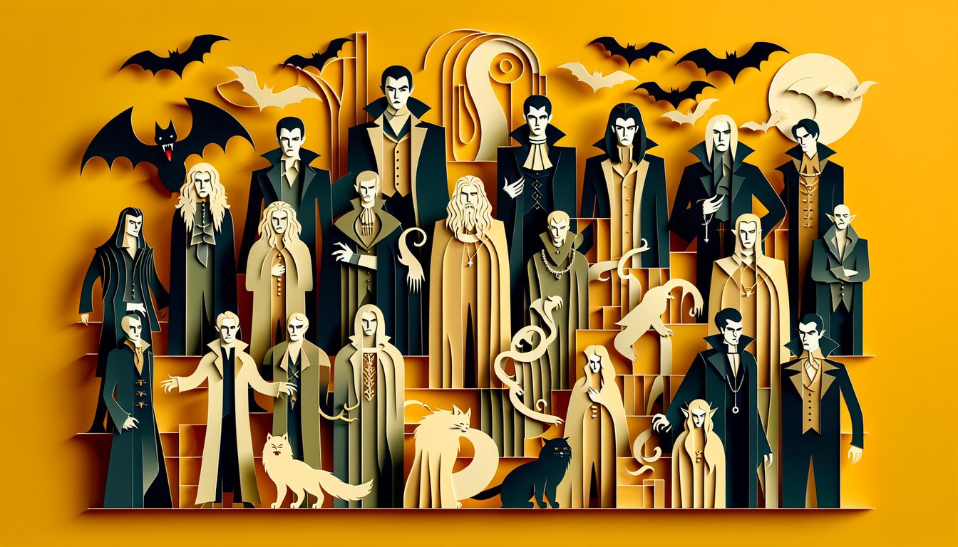 Paper art vampire masks clan emblems on golden yellow background