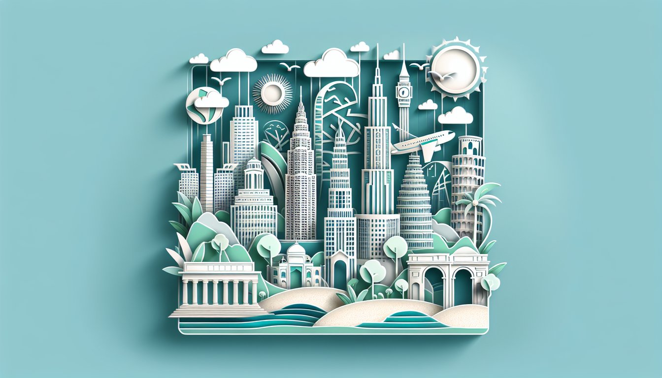 Paper cut style city skyline with landmarks and quiz title on teal background inviting users to discover their urban match.