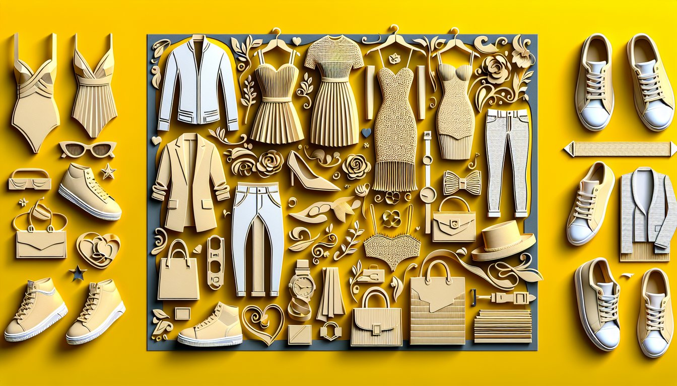 Paper art illustration for style quiz with fun personality questions on golden yellow background.