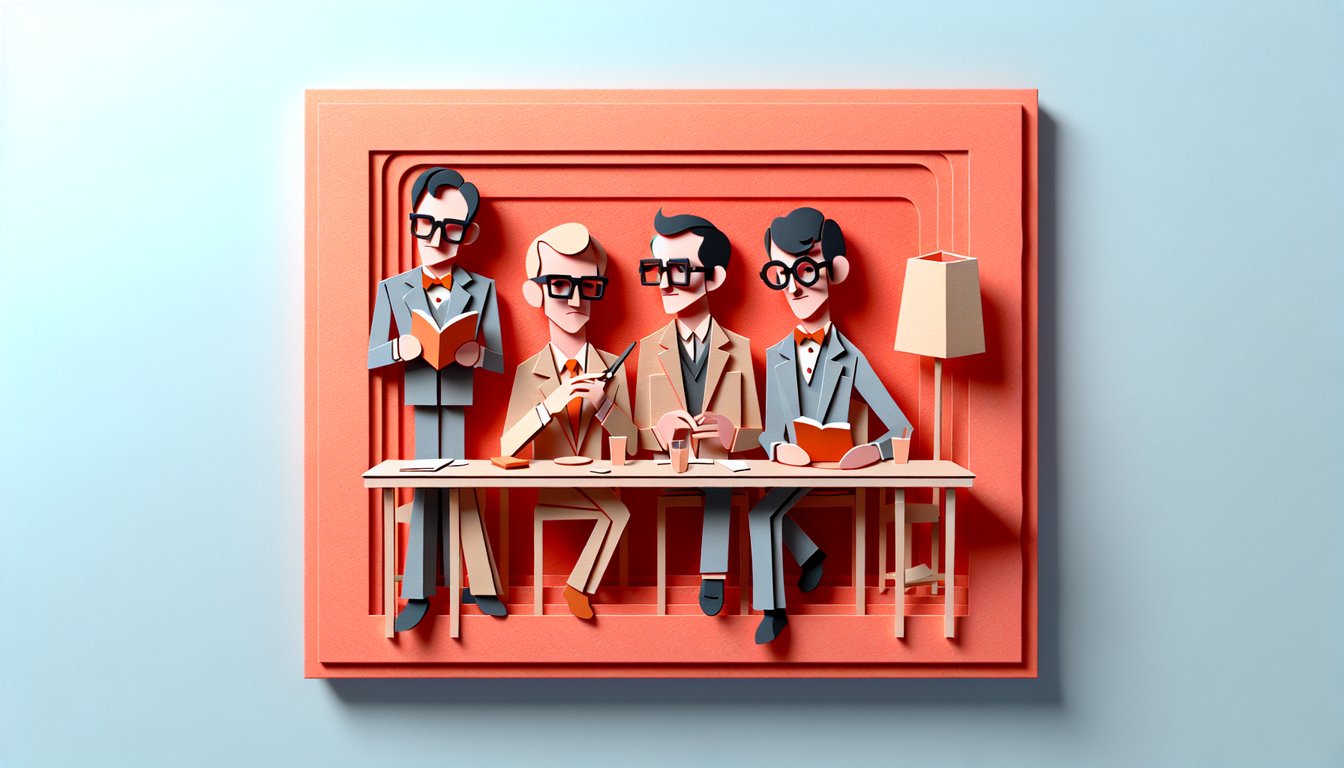 Paper art illustration with stylized character portraits on coral background for A Fish Called Wanda quiz