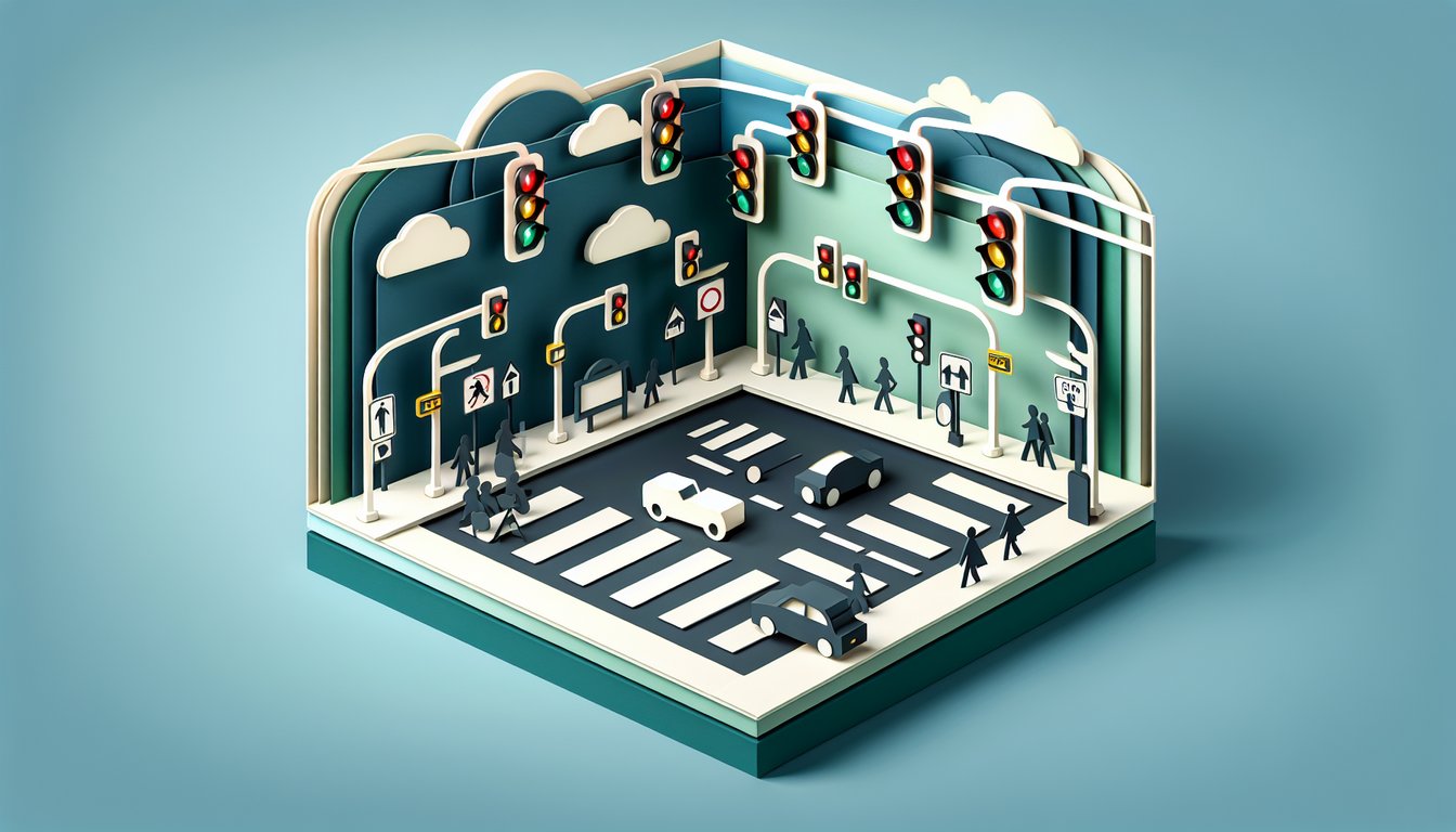 Paper art stoplight quiz scene with layered traffic lights on teal background inviting players to test signal knowledge