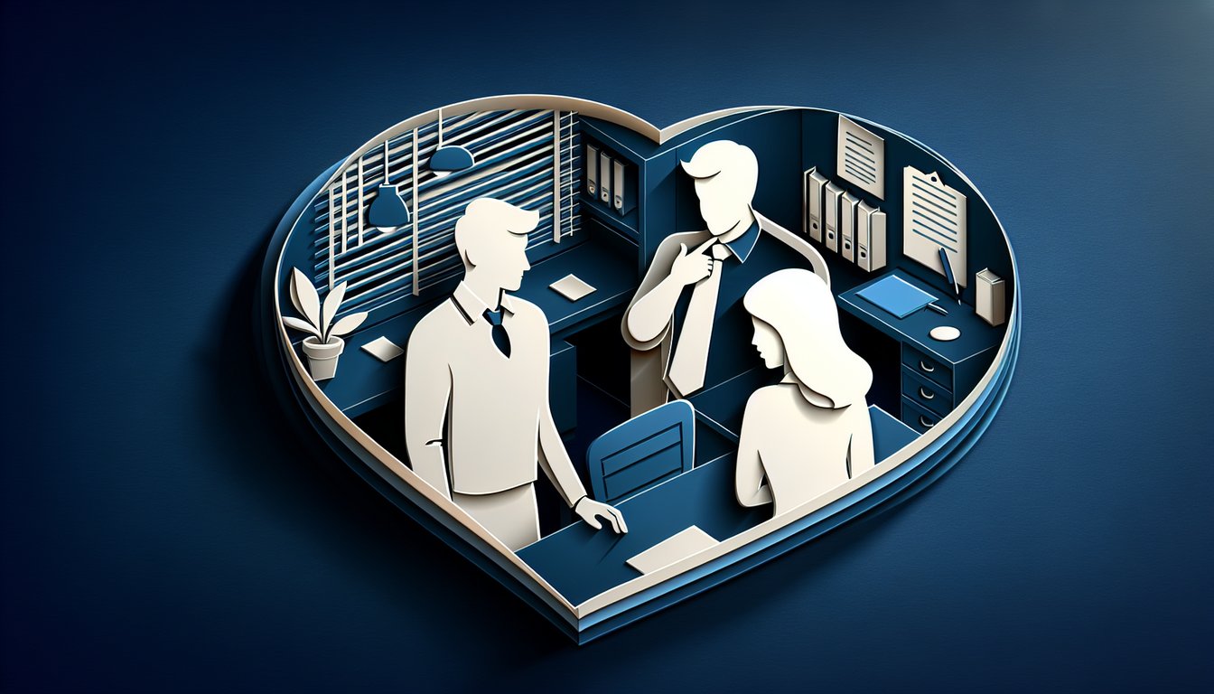 Paper art illustration for quiz about detecting subtle signs a male coworker likes you on dark blue background