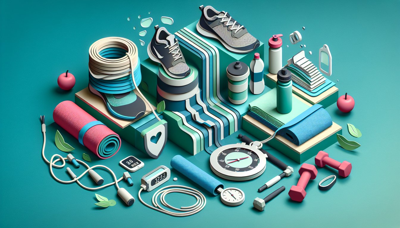 Paper cut art of dumbbells stopwatch water bottle and checklist on teal background representing fitness quiz challenge