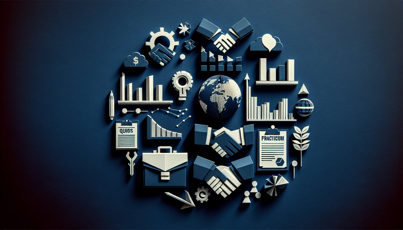 3D voxel art illustrating Business Practicum course content and learning objectives