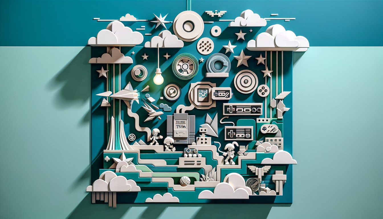 paper art style gaming icons characters controllers on teal background for video game quiz
