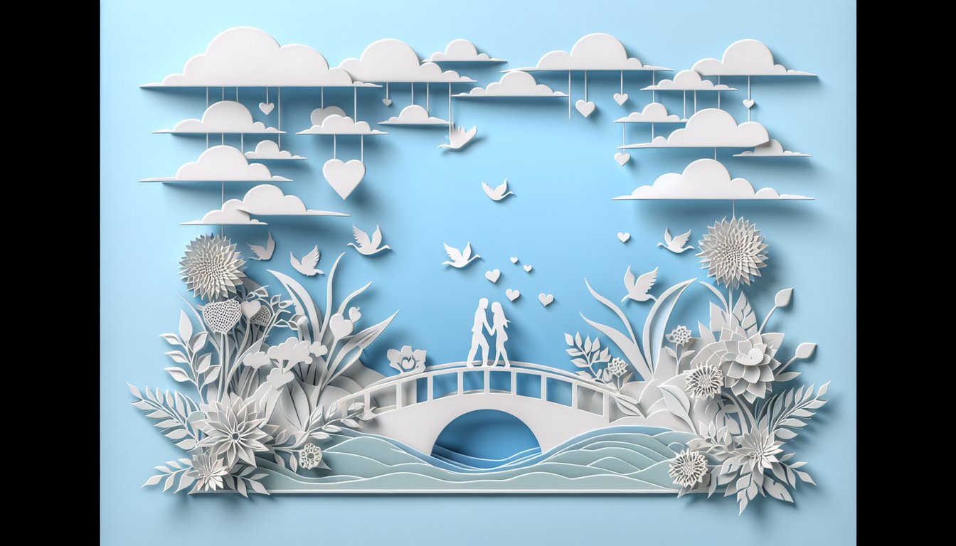 paper cutout hearts question marks and a worried face float on sky blue backdrop for a quiz about crush feelings