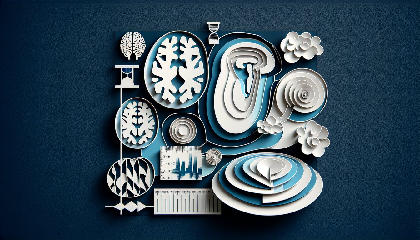 Paper art illustration showing brain MRI slices labeled T1 and T2 on dark blue background with quiz title.