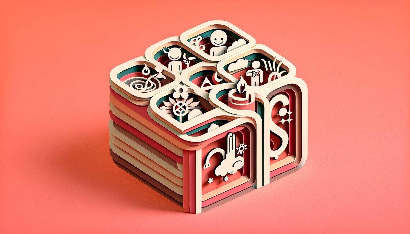 Paper art illustration of stylized icons for a seven deadly sins personality quiz on a coral background.