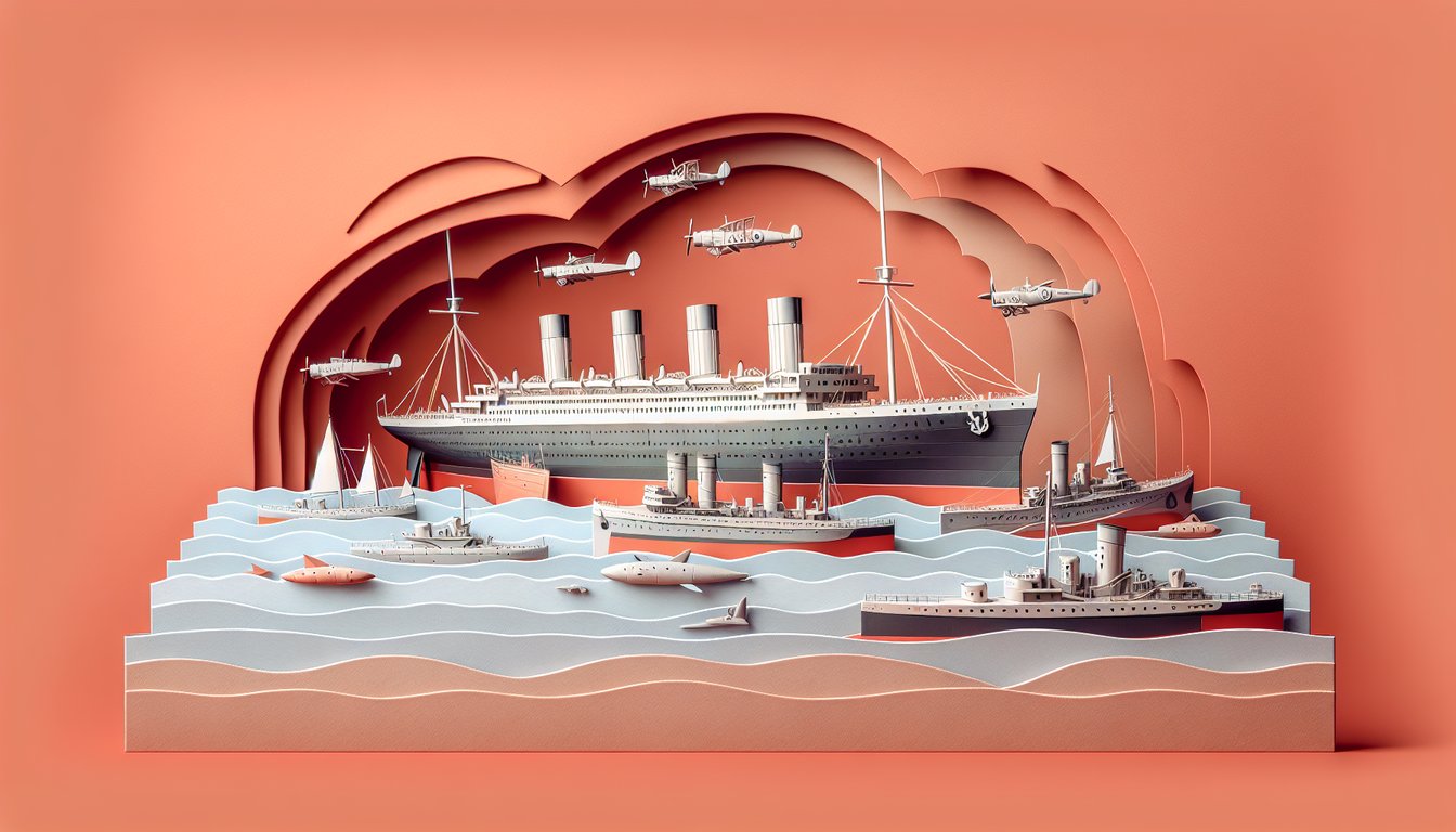Paper art illustration for RMS Lusitania quiz with WWI naval history theme on a coral background