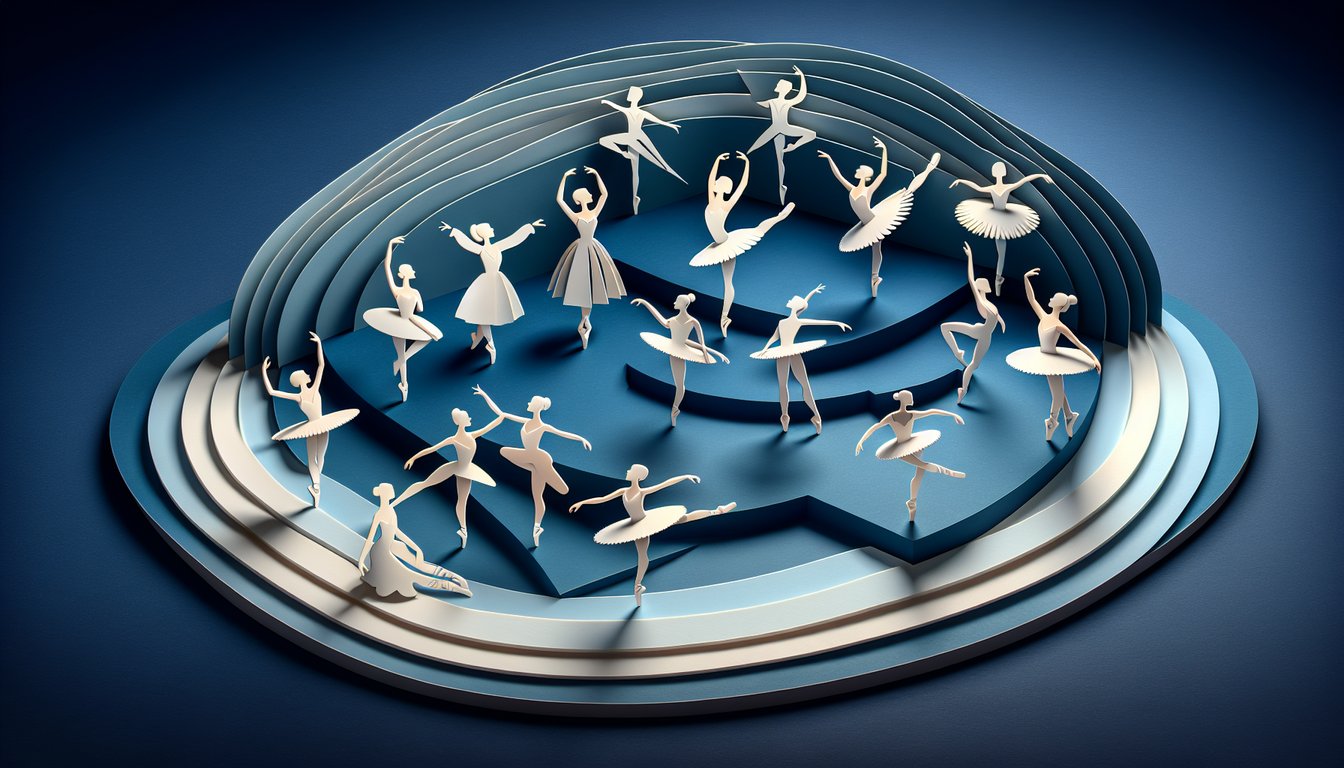 Layered paper cut ballerina silhouette leaping over ballet quiz heading on dark blue background