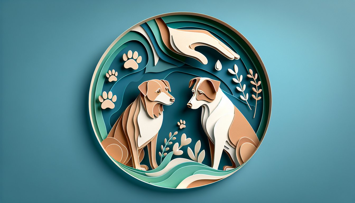 Paper art dog face with free quiz title about separation anxiety and behavior cues, teal background