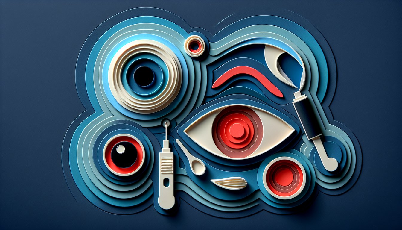 Paper art cutout illustration of eyes and medical icons on dark blue background for conjunctivitis vs dry eye quiz