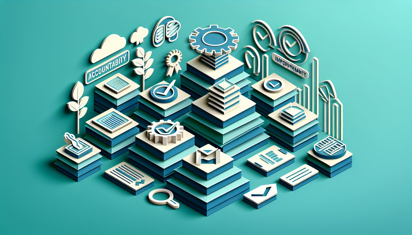 Paper art illustration for quiz on accountability ownership and performance with free Oz Principle on teal background