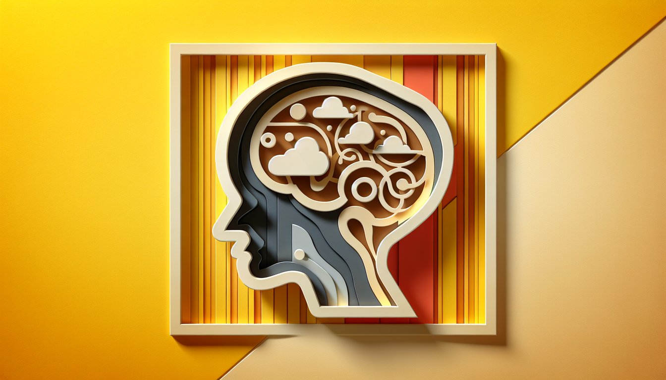 Paper art illustration for mind-testing quiz on a golden yellow background.