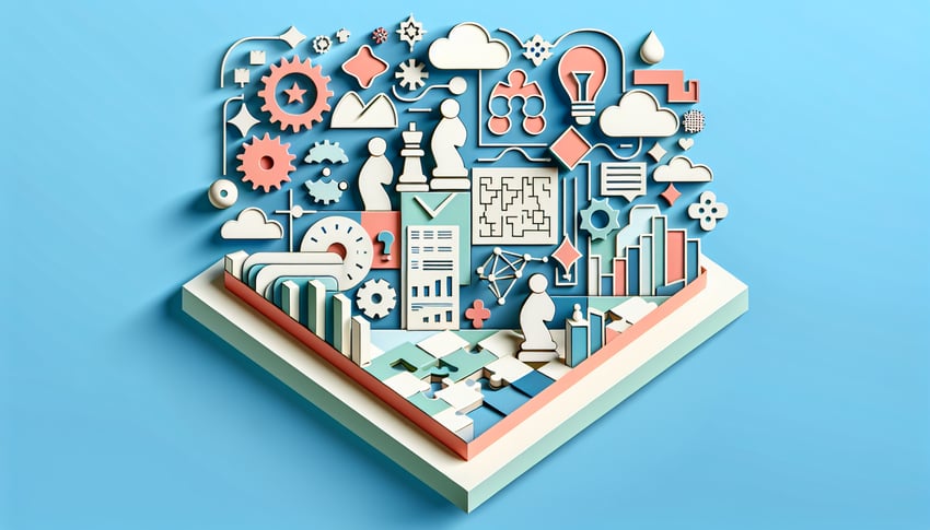 Paper art illustration with puzzle pieces question marks lightbulb, arrows on sky blue background for critical thinking quiz