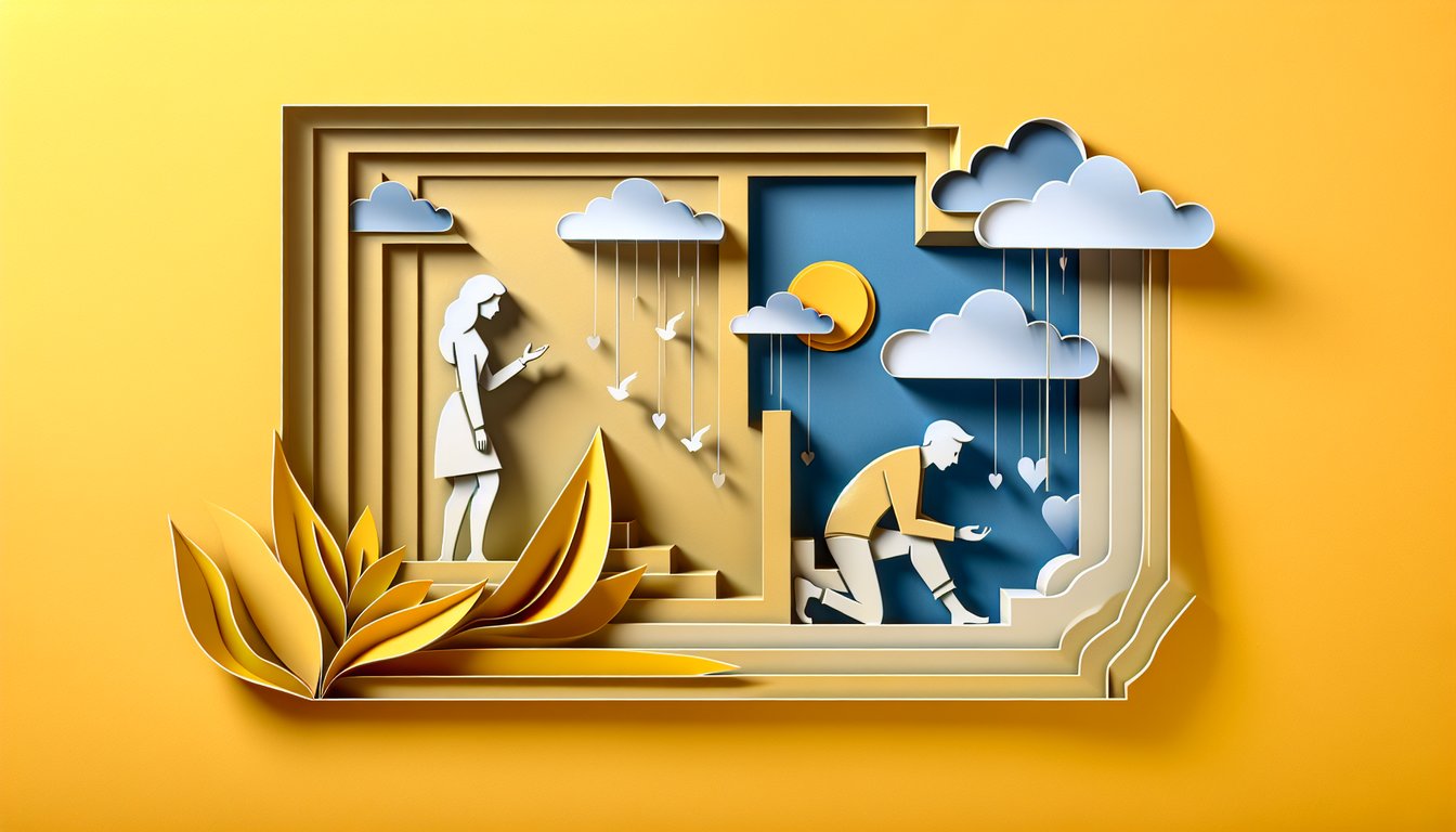 Paper art illustration for quiz on deciphering exs feelings on a golden yellow background.