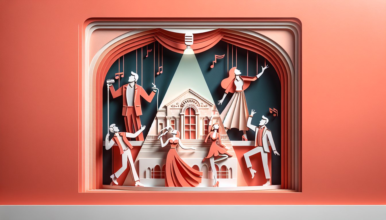 Paper art theater scene with masks, microphone, musical notes and spotlight on coral background quiz banner