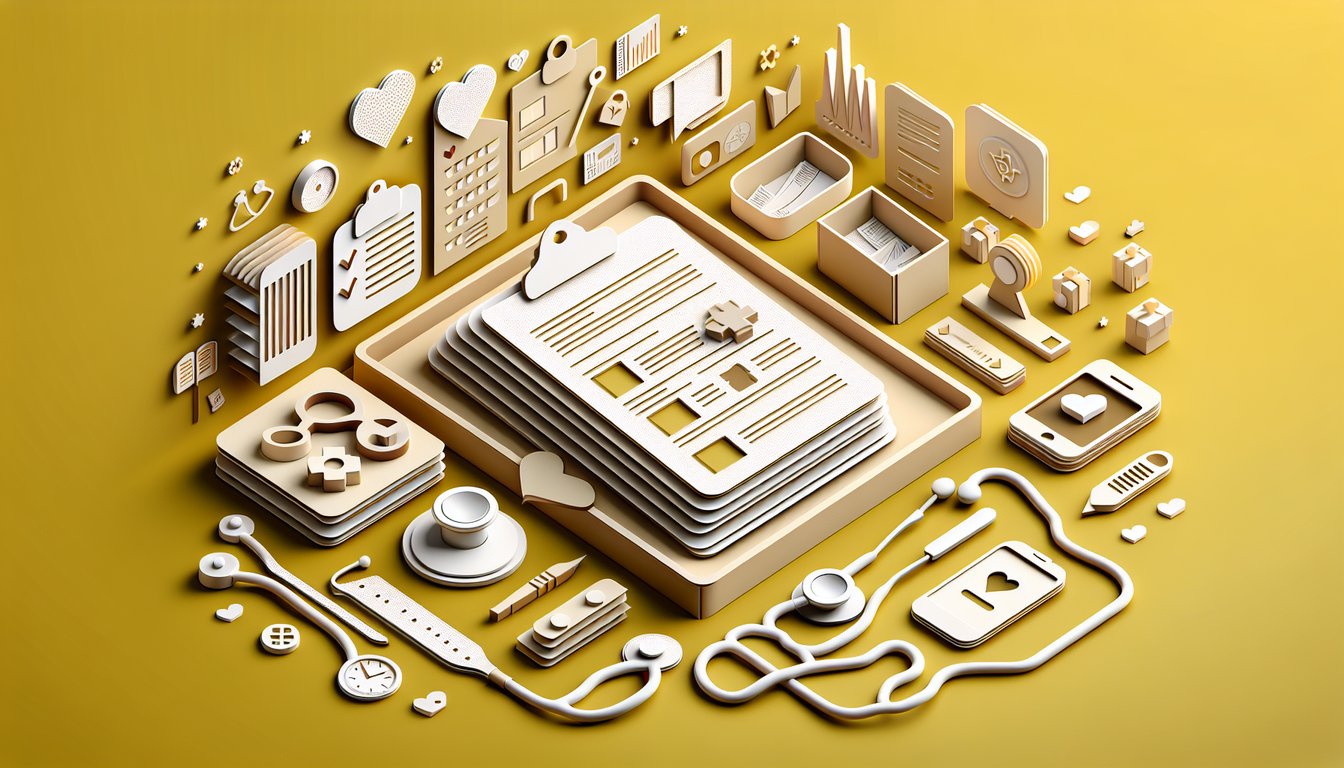 Paper art illustration shows quiz materials, medical symbols and EHR icons on golden yellow background