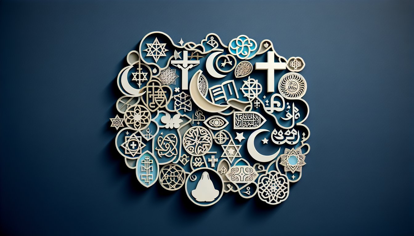 Paper art illustration of one god symbol and scripture tablets on dark blue background for free monotheism quiz challenge
